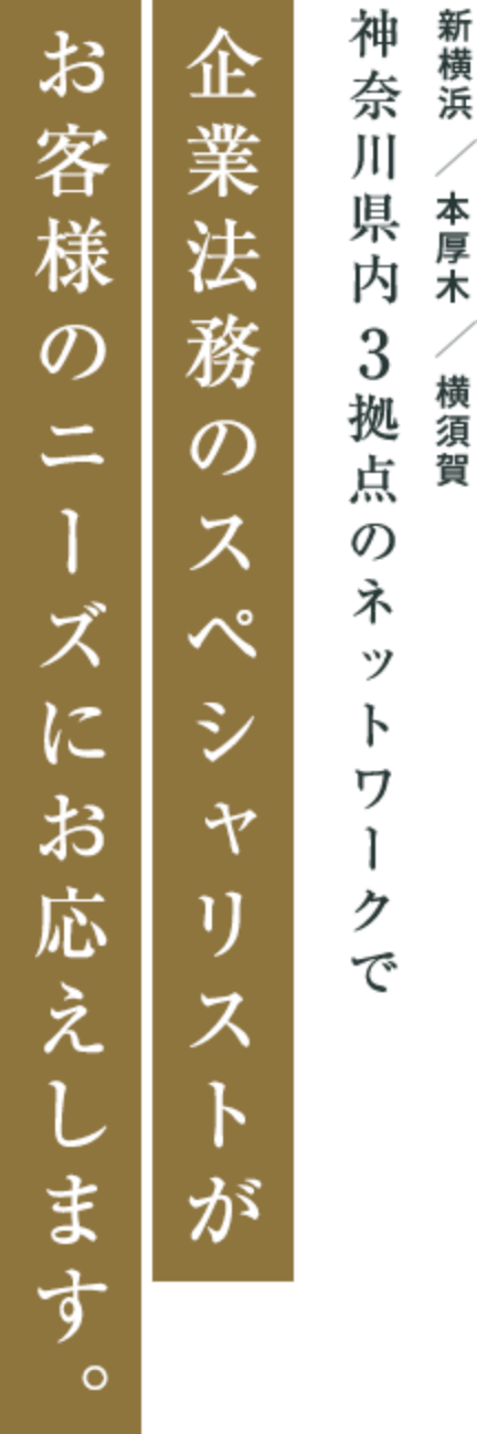 新横浜、本厚木、横須賀 神奈川県内3拠点のネットワークでスピーディで企業法務のスペシャリストがお客様のニーズにお応えします。